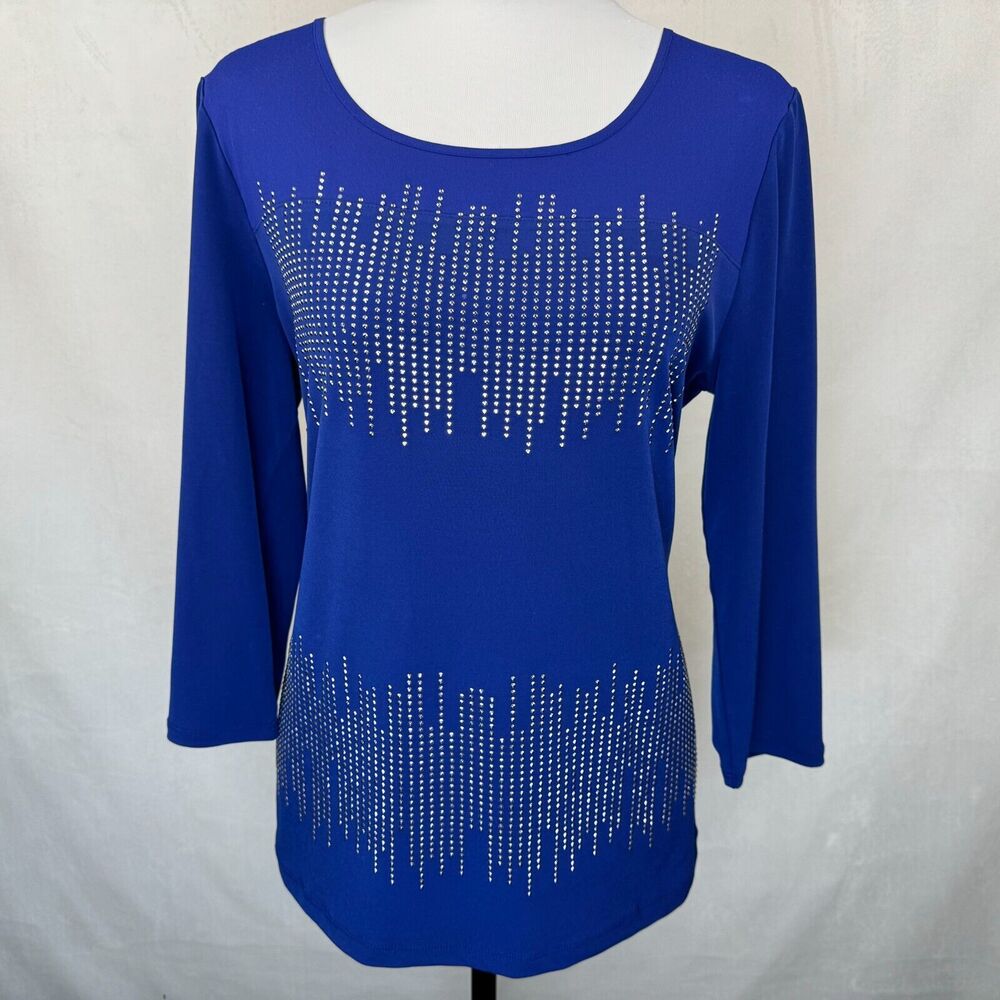 Chico's Top Sz 1 Blue Tunic Silver Embellished Round Neck 3/4 Sleeve Back Slit
